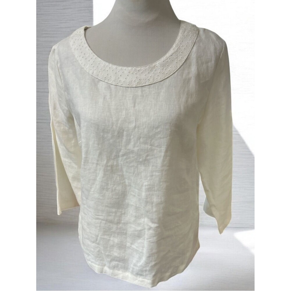 NWT Choices White 100% Linen 3/4 Sleeve Blouse with Embroidered Neckline Medium
